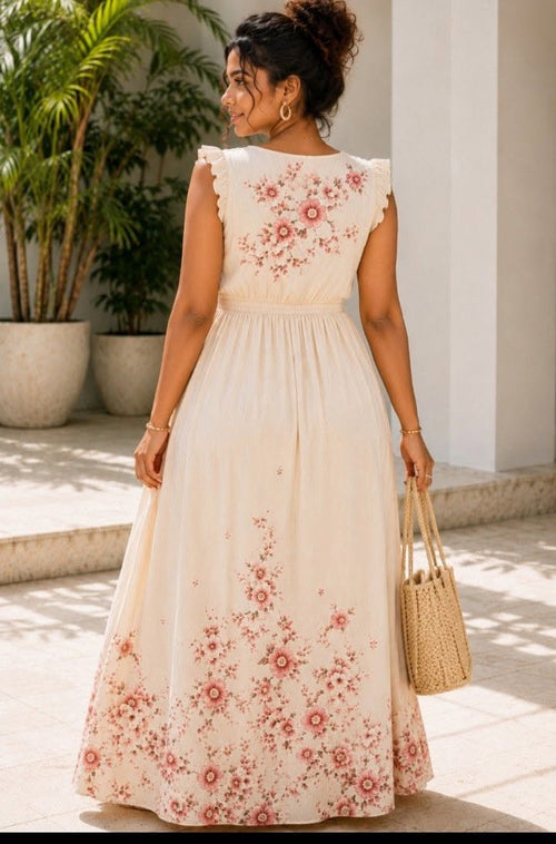 Floral Print Empire Waist Closed Back Maxi Dress