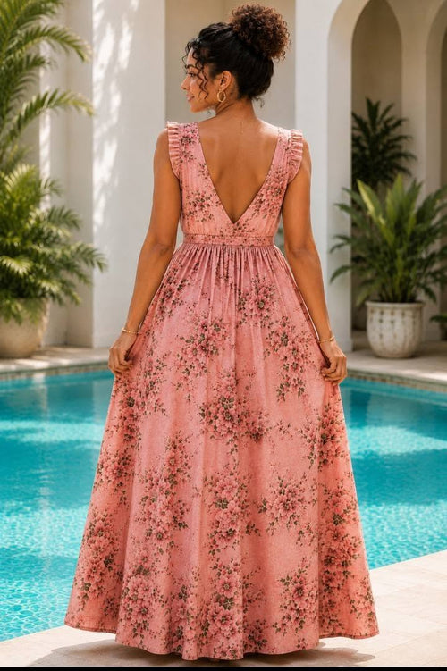 Floral Print Empire Waist Open Back Maxi Dress
